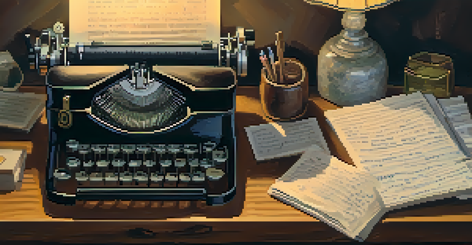 A vintage typewriter on a wooden desk with handwritten notes around it, illuminated by warm lamp light.