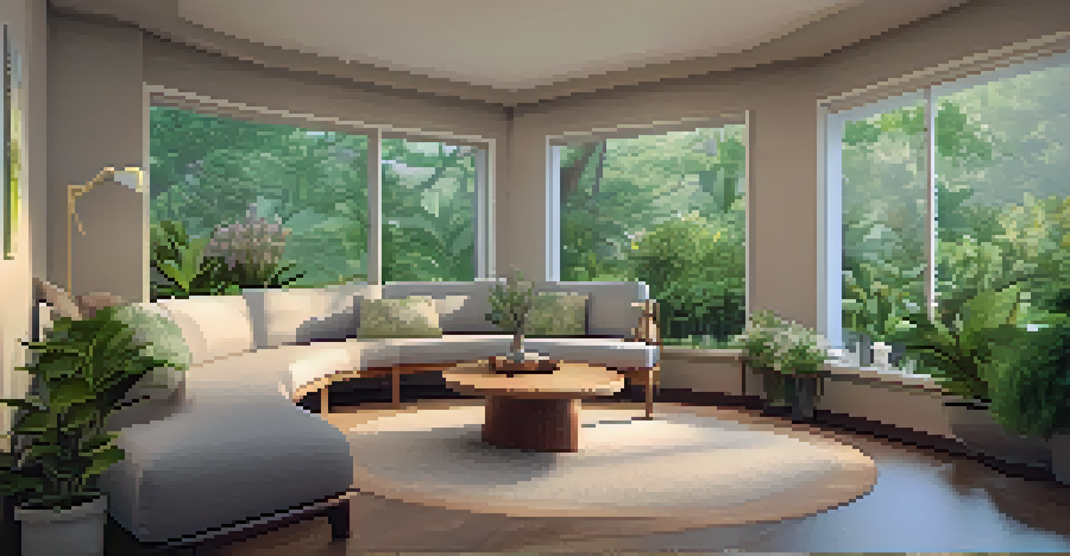 A calming wellness therapy room with soft lighting, cozy seating, and nature artwork.