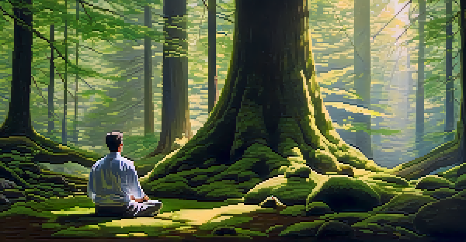A person meditating on moss in a peaceful forest, with sunlight filtering through tall trees around them.