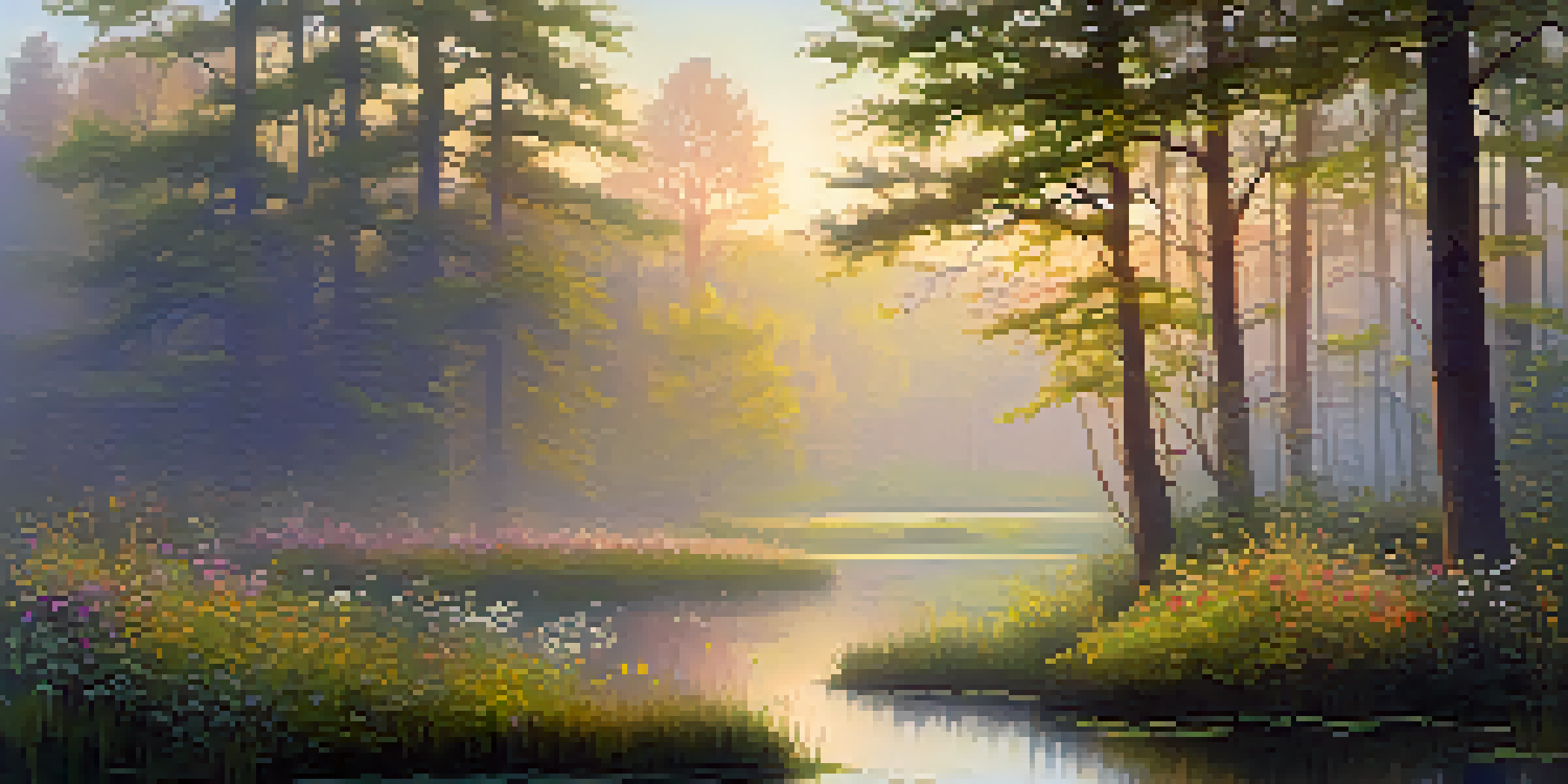 A peaceful forest at dawn with soft golden light, mist rising from a pond, vibrant green leaves, and colorful wildflowers.