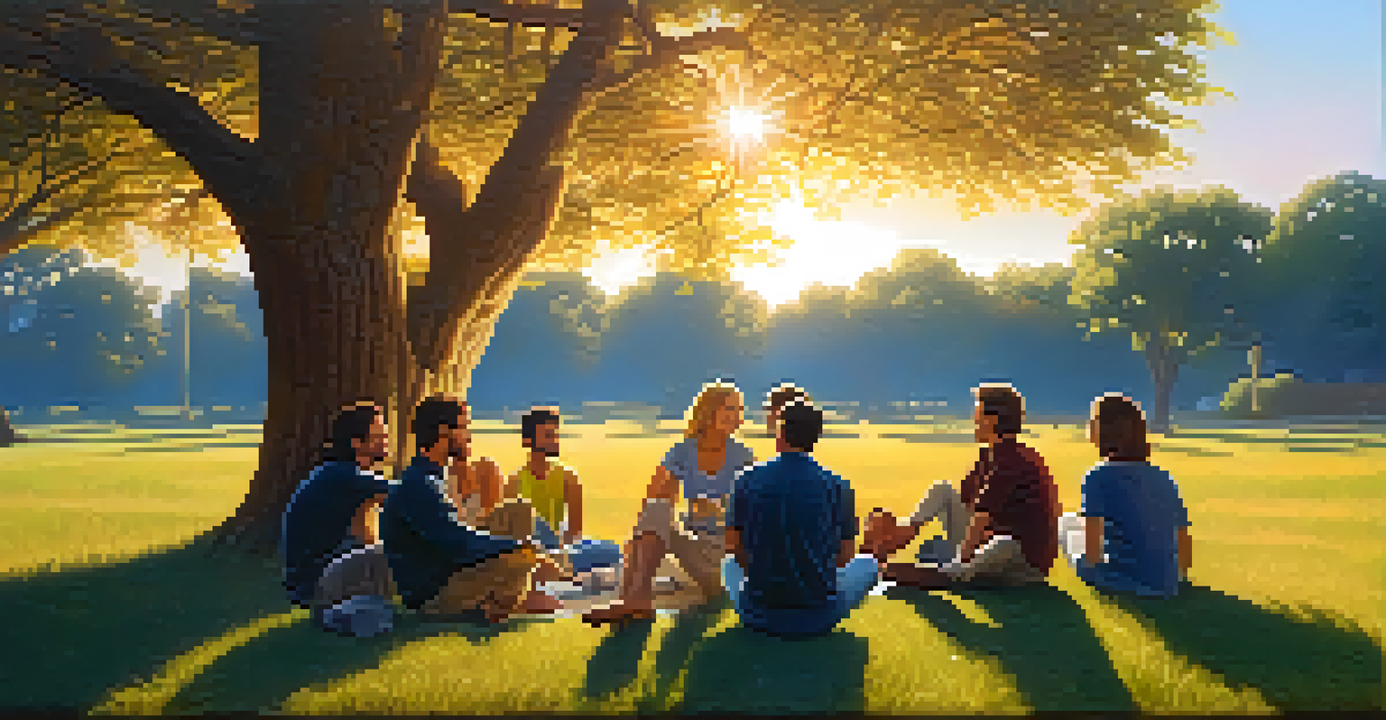 A group of friends sitting together in a peaceful outdoor setting, reflecting on their experiences after a therapy session.