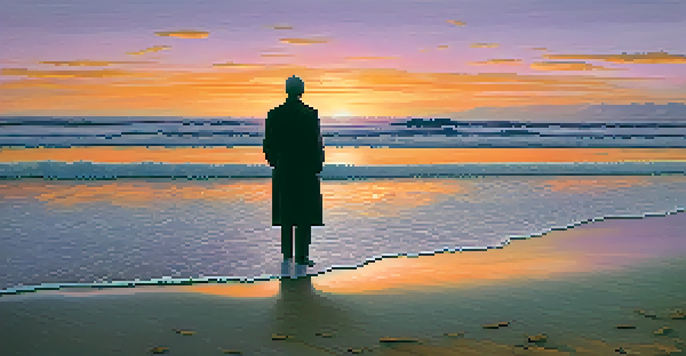 A person standing at the edge of a sandy beach, looking out at a colorful sunset over the ocean, symbolizing introspection and existential contemplation.