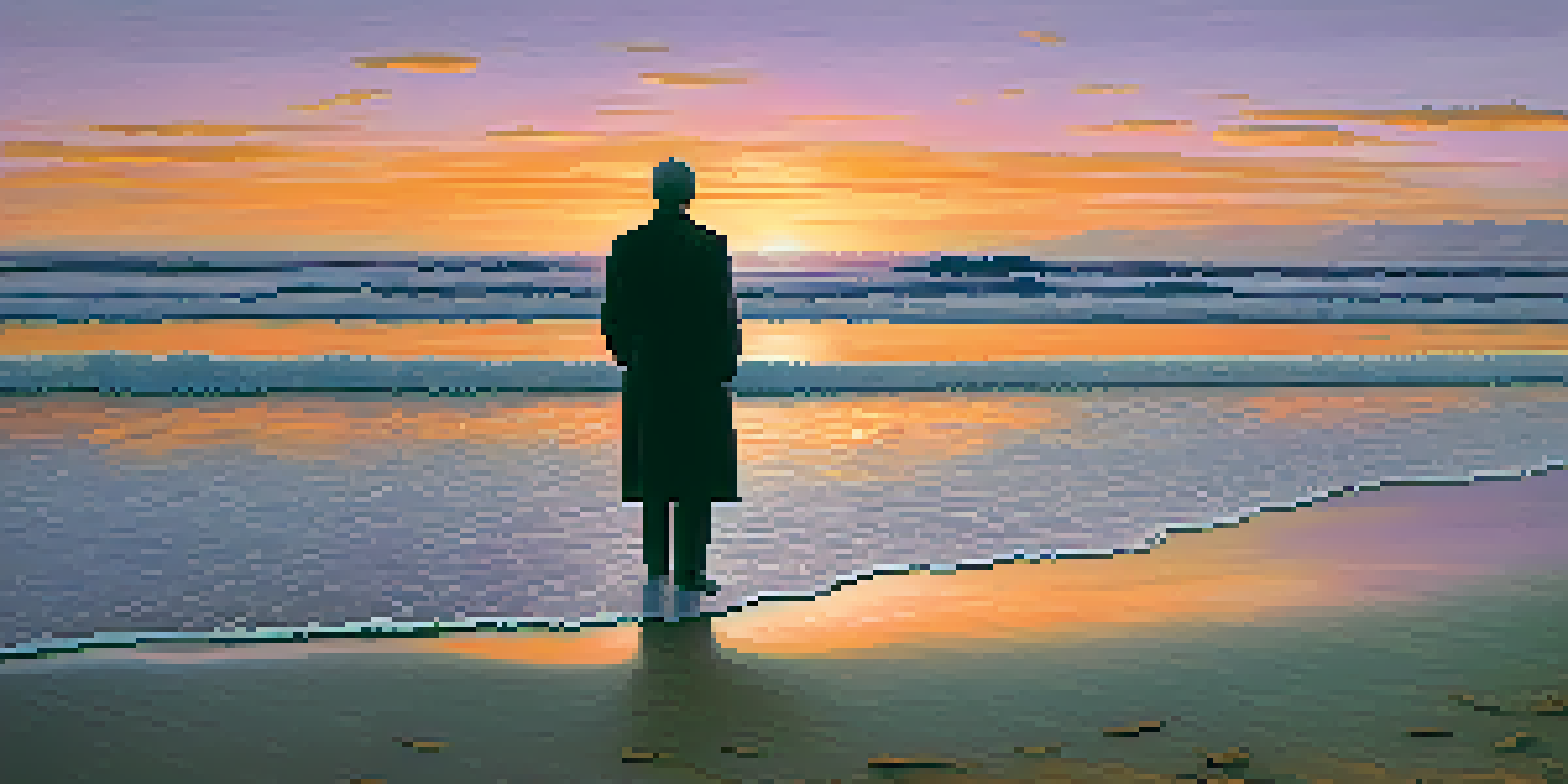 A person standing at the edge of a sandy beach, looking out at a colorful sunset over the ocean, symbolizing introspection and existential contemplation.