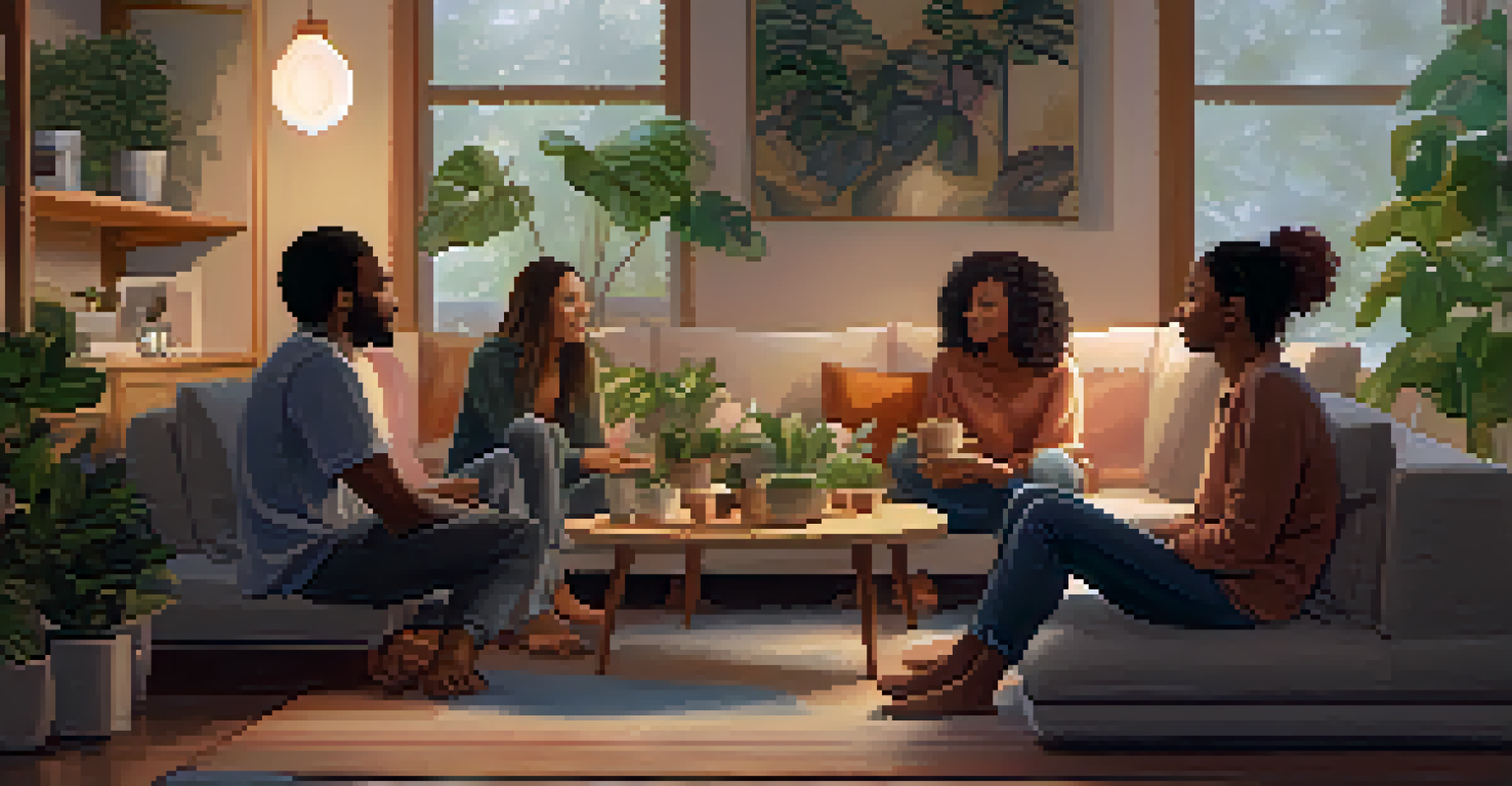 A group of friends having a reflective conversation in a cozy, well-lit indoor space filled with cushions and plants.