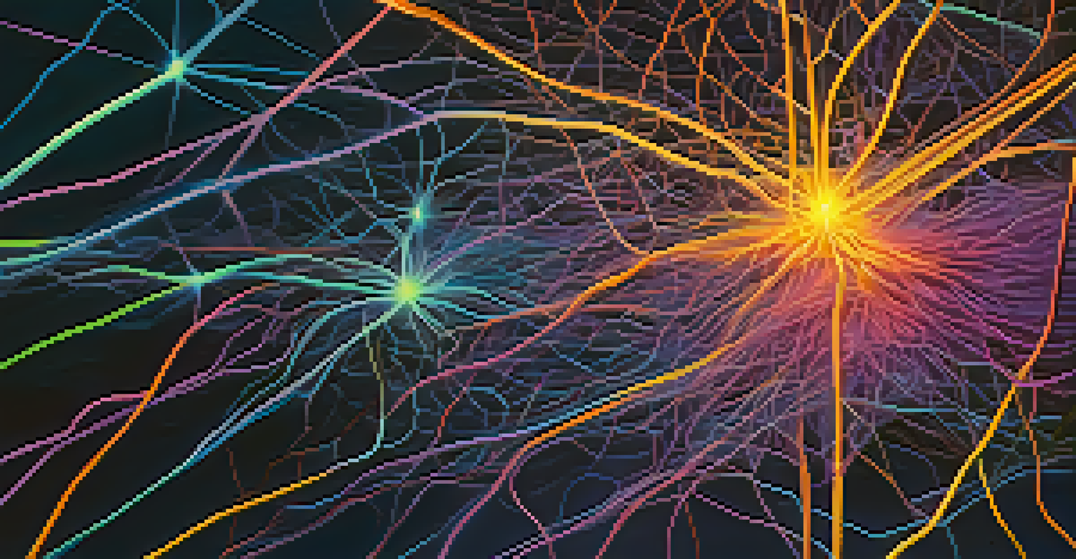 An abstract illustration of interconnected neurons in a colorful brain network.
