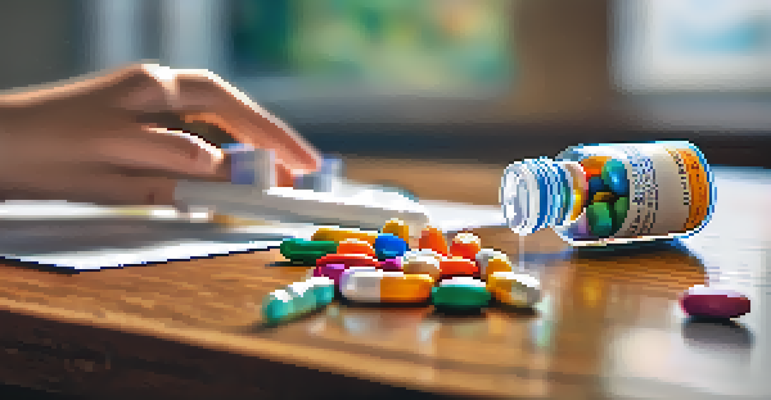 A close-up of a hand holding a prescription bottle with colorful pills, with a counseling session blurred in the background.