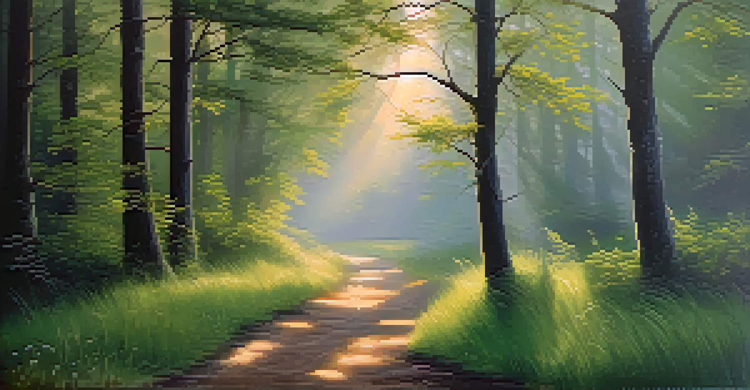 A tranquil forest landscape at dawn, with sunlight filtering through trees and illuminating a dew-kissed grassy path.