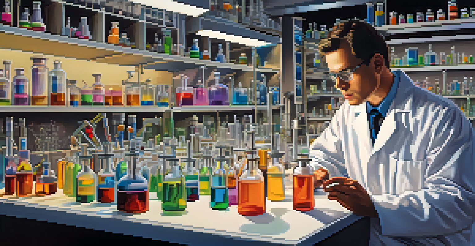 A scientist working in a laboratory, looking through a microscope with colorful chemical compounds on shelves around them.
