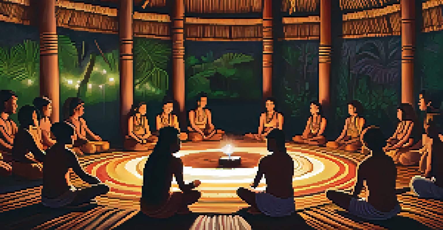 An intimate Ayahuasca ceremony in a traditional maloca, with participants sitting in a circle and a shaman in the center singing.