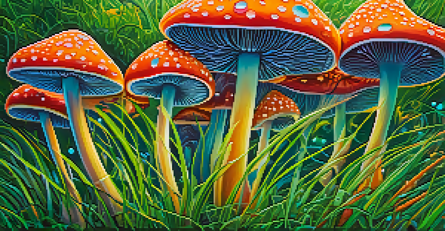 A colorful close-up of a psychedelic mushroom on green grass.