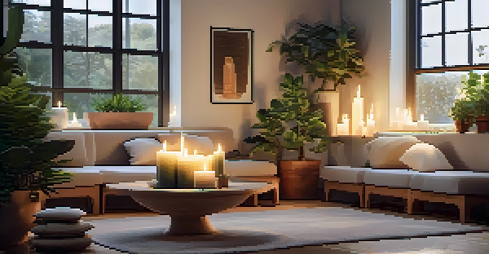 A tranquil meditation space with soft lighting, a plush cushion, and potted plants, creating a peaceful environment.