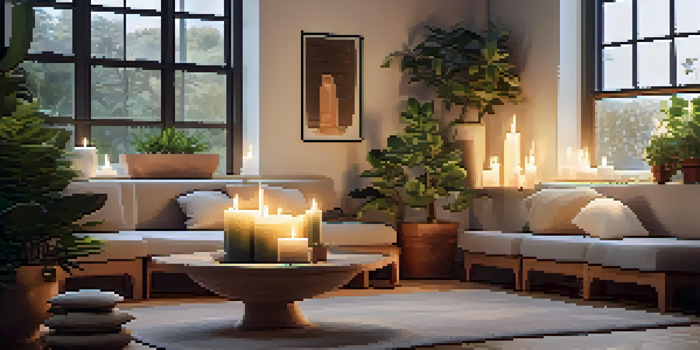 A tranquil meditation space with soft lighting, a plush cushion, and potted plants, creating a peaceful environment.