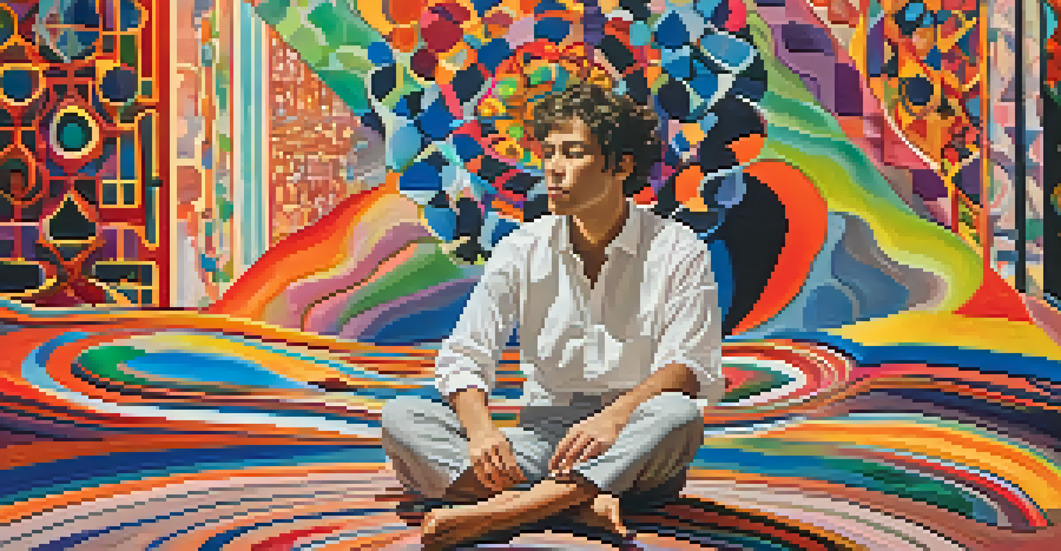 A person sitting cross-legged on a vibrant rug, surrounded by swirling colors and abstract shapes, representing an altered perception during a hallucinogenic experience.