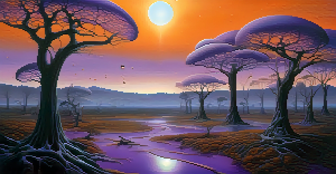 A surreal landscape with melting clocks on trees, distorted figures, and a twilight sky in purple and orange hues.