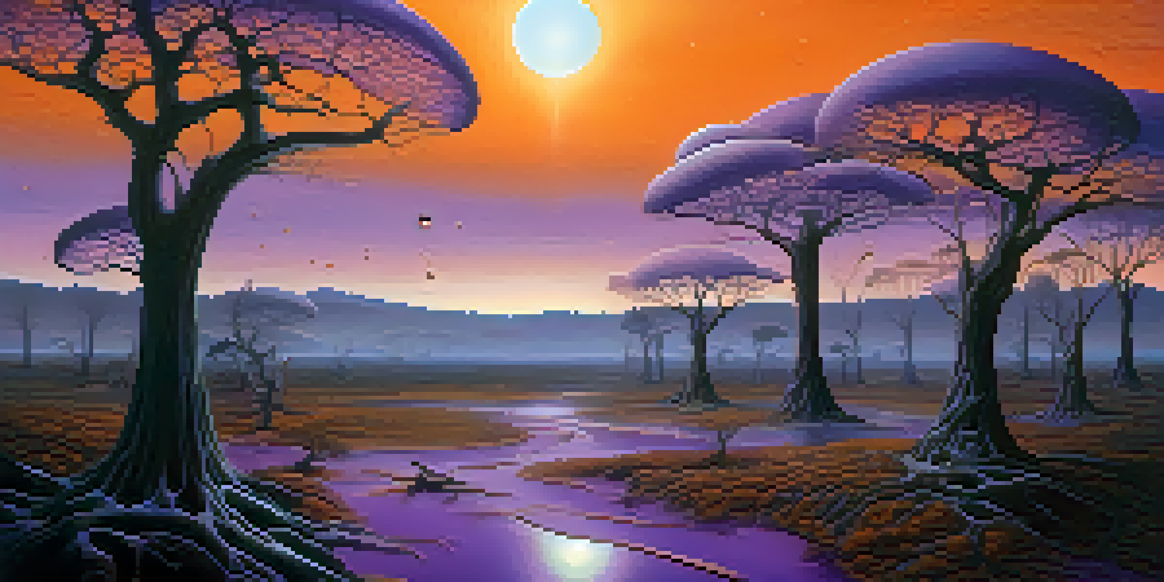 A surreal landscape with melting clocks on trees, distorted figures, and a twilight sky in purple and orange hues.