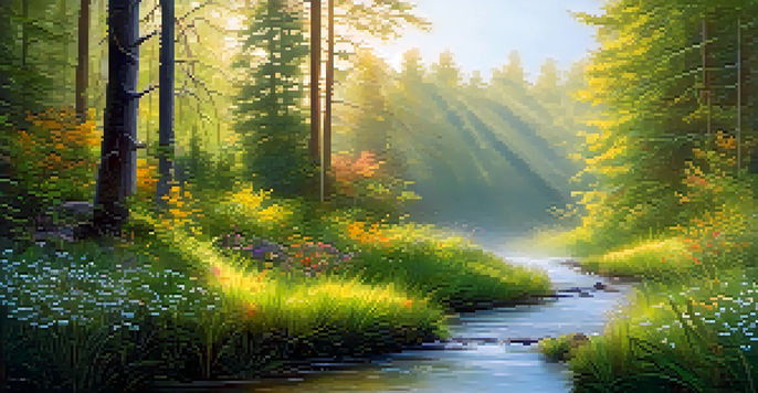 A peaceful forest scene at dawn with mist, sunlight filtering through trees, and a gentle stream with blooming wildflowers.