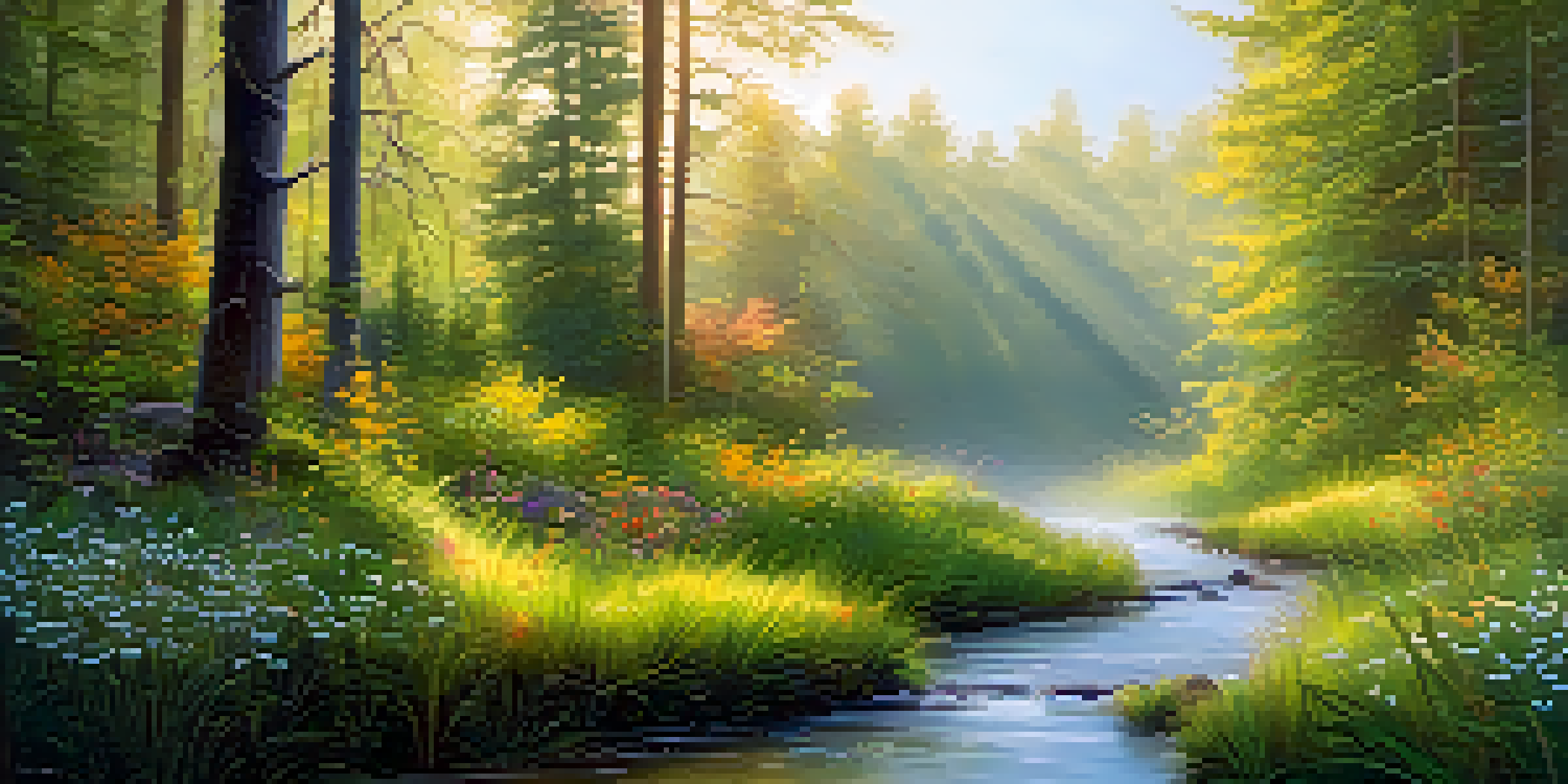 A peaceful forest scene at dawn with mist, sunlight filtering through trees, and a gentle stream with blooming wildflowers.