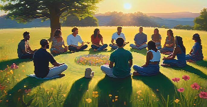 A group of diverse individuals sitting in a healing circle on grass, surrounded by wildflowers, engaged in conversation during sunset.