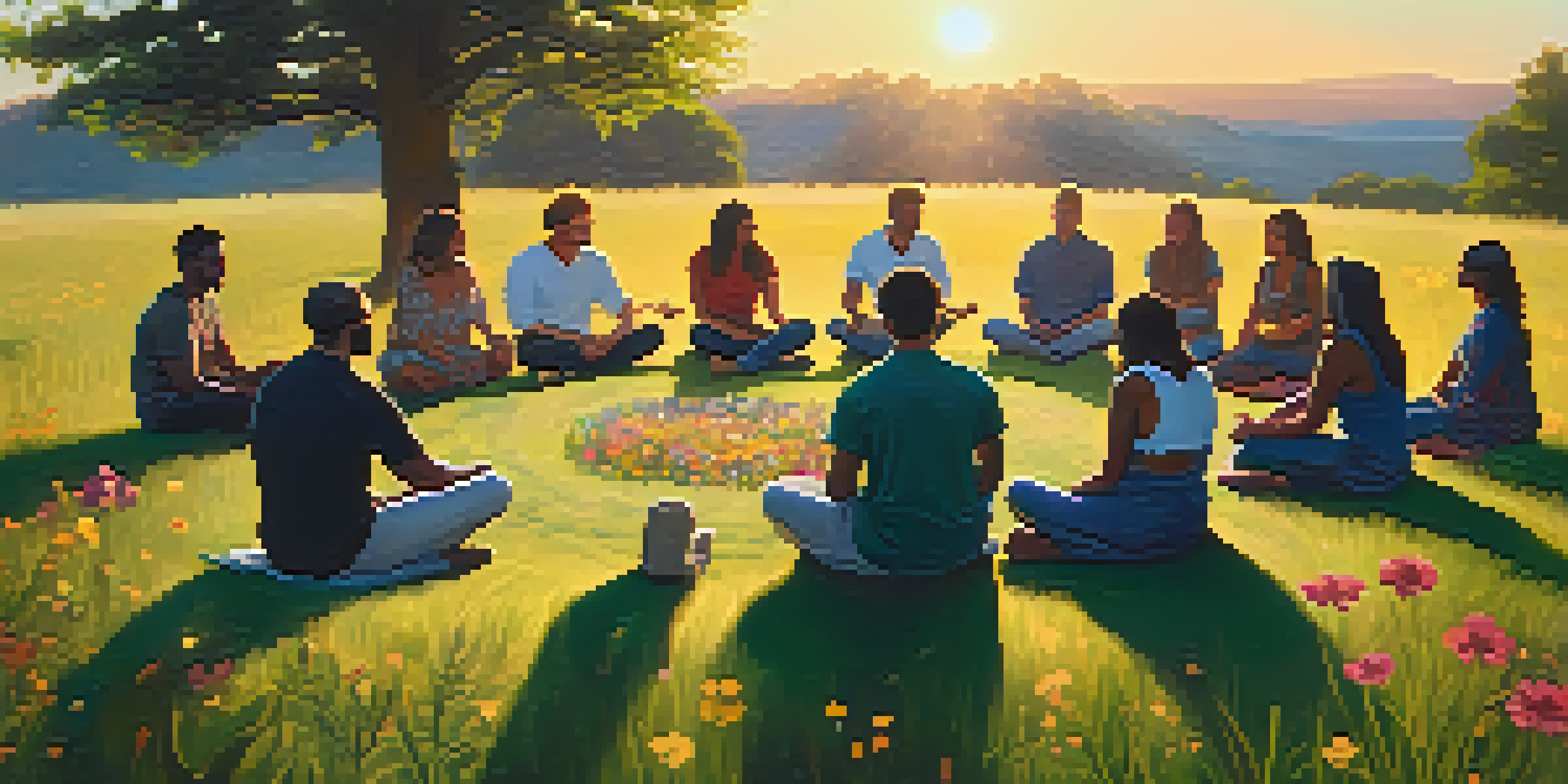 A group of diverse individuals sitting in a healing circle on grass, surrounded by wildflowers, engaged in conversation during sunset.