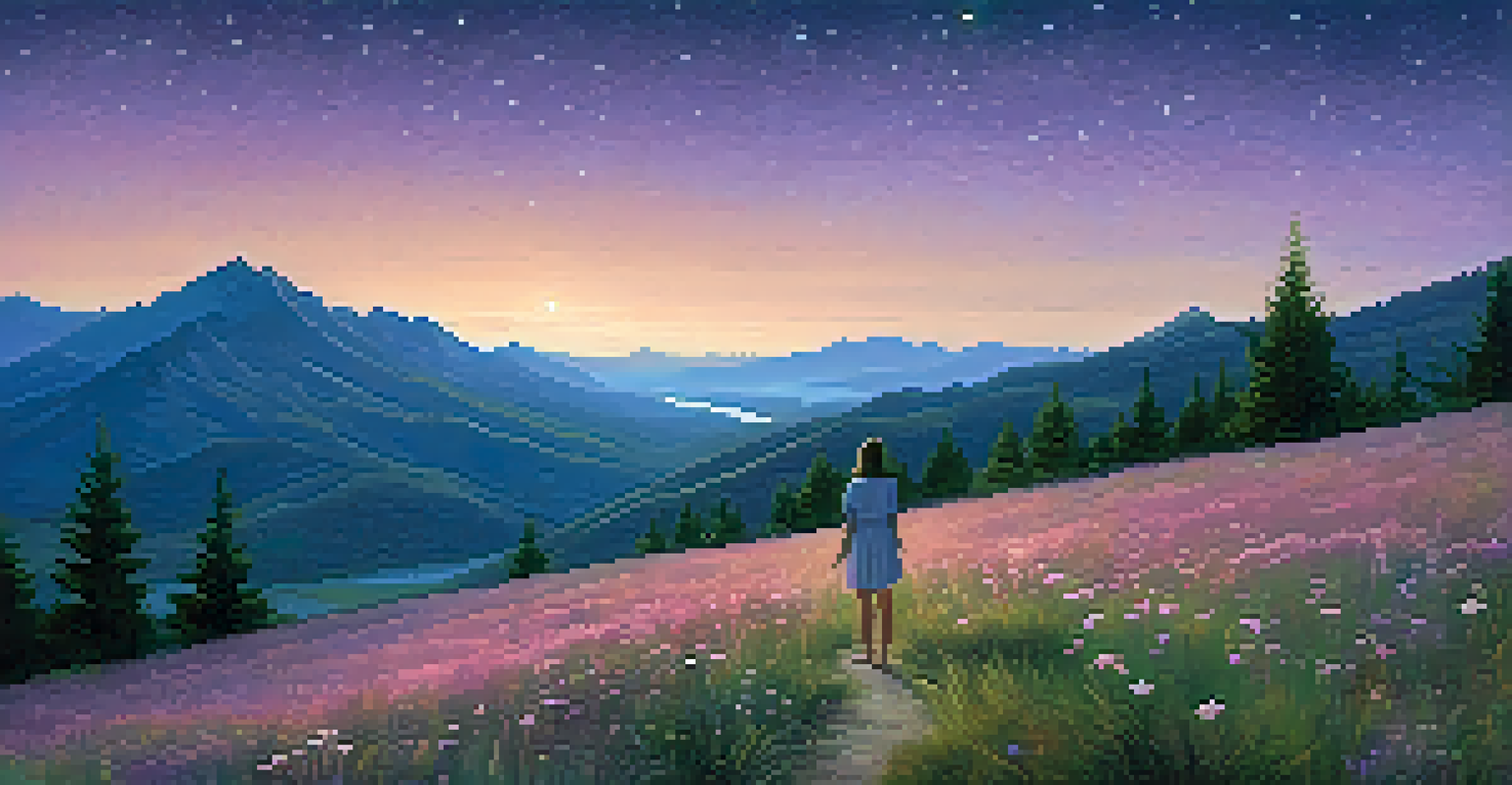 A person standing on a hill at dusk, arms wide open, with mountains and a colorful sky in the background.