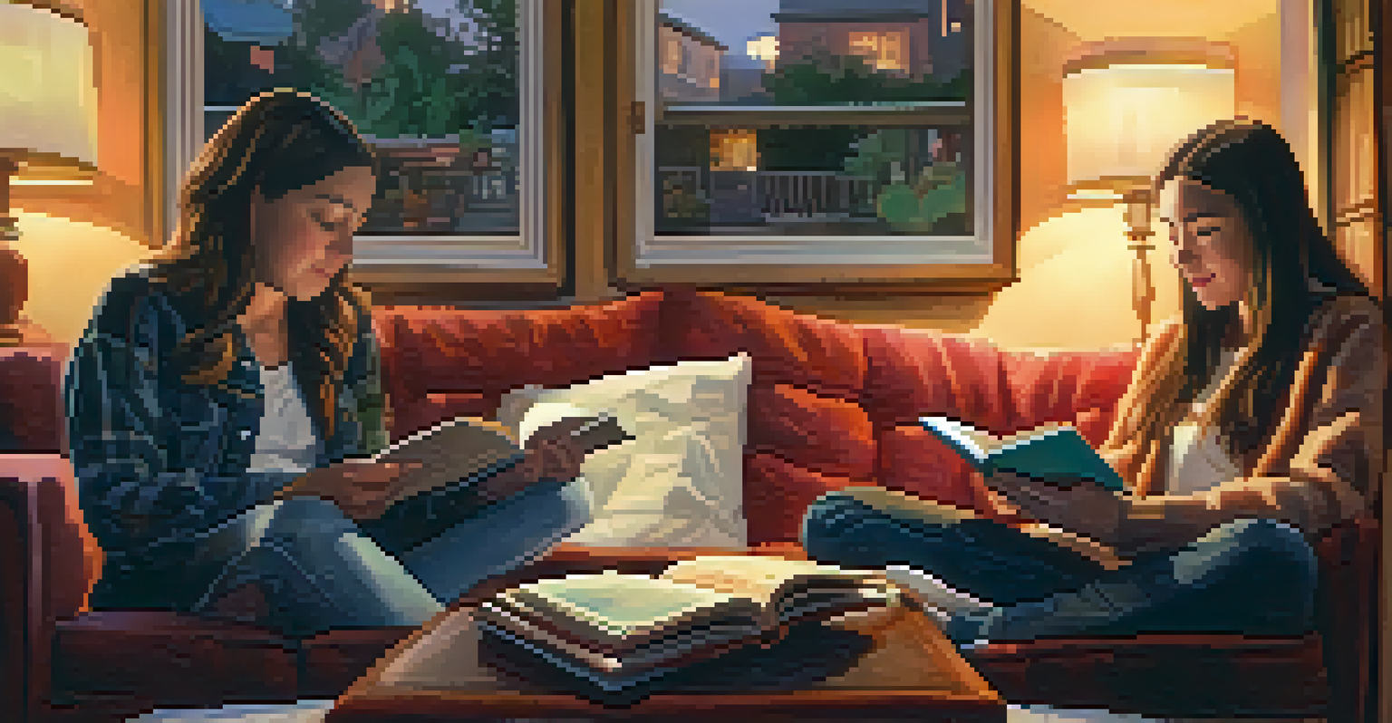 Two friends on a couch sharing journal entries, surrounded by colorful cushions and warm lighting in a cozy room.