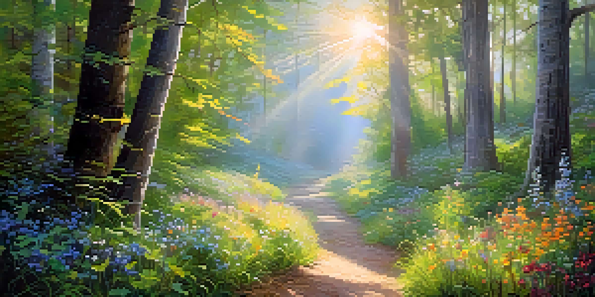 A peaceful forest with sunlight filtering through trees, dew on leaves, and colorful wildflowers along a winding path.