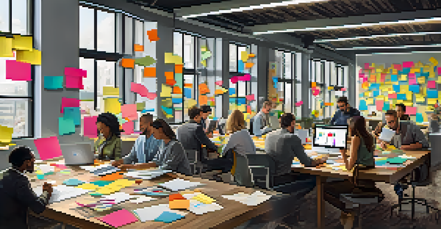 A modern workspace with diverse professionals collaborating around a table covered with laptops, notebooks, and colorful sticky notes.