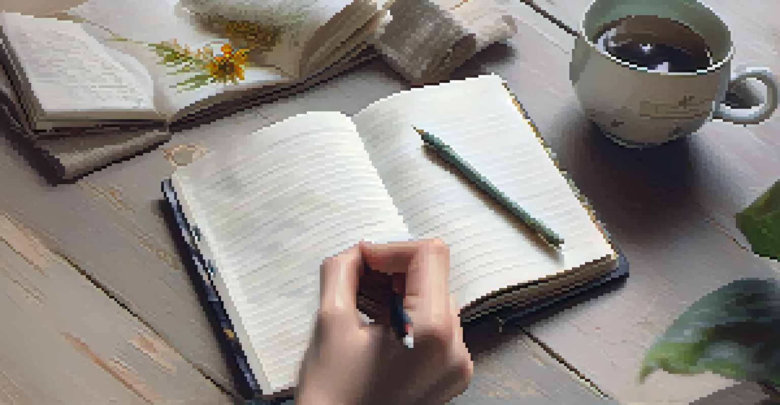 A close-up of a hand writing in a journal, with a cup of herbal tea nearby and a soft background.