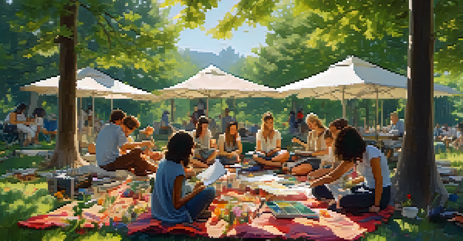 A group of artists having a creative workshop outdoors, surrounded by nature, with colorful materials and a joyful atmosphere.