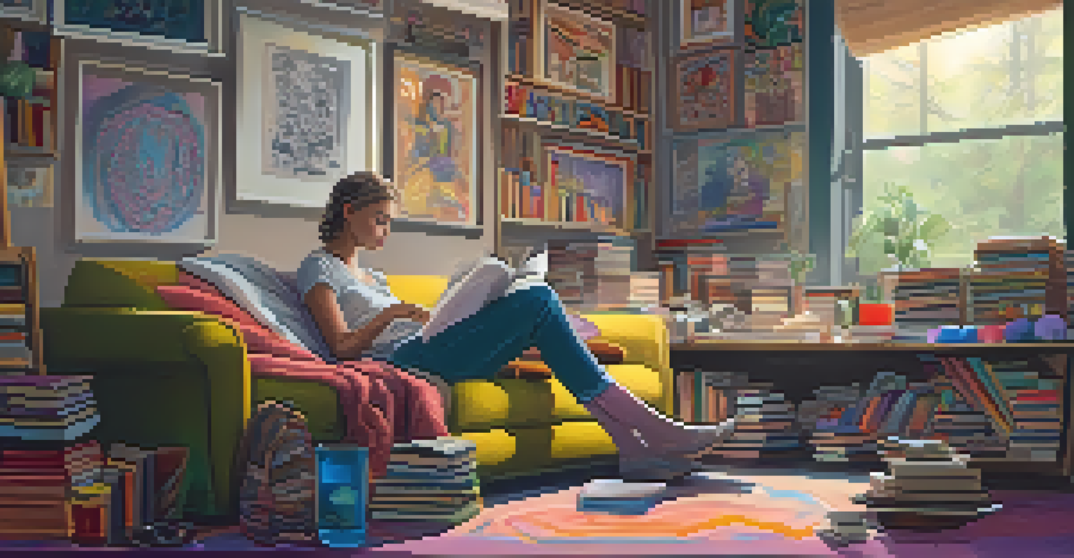 A person sitting on a rug in a cozy indoor space, surrounded by books and art supplies, sketching in a notebook with colorful gender identity artwork on the walls.