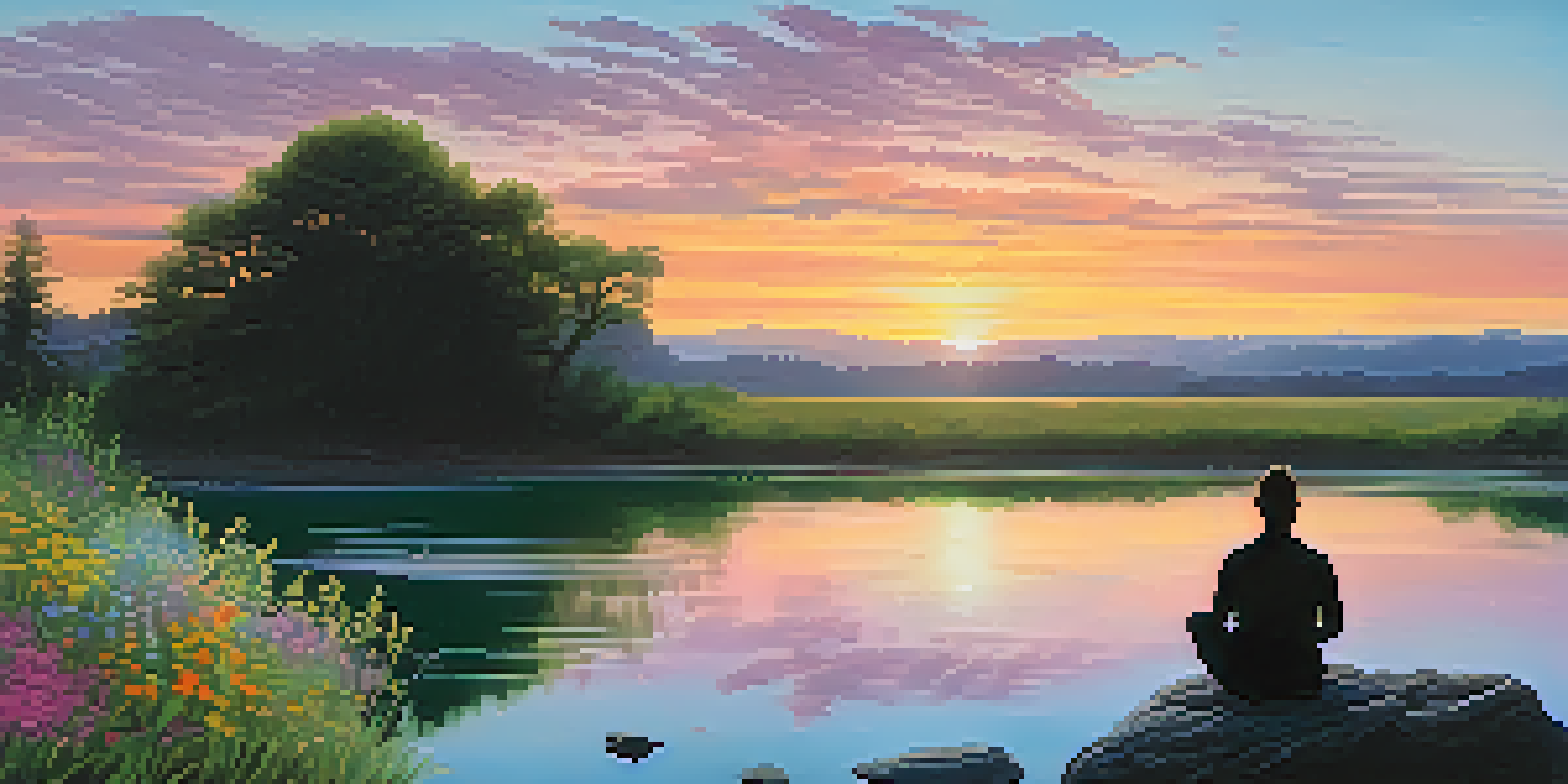 A person meditating on a rock by a calm lake at sunrise, surrounded by greenery and wildflowers.