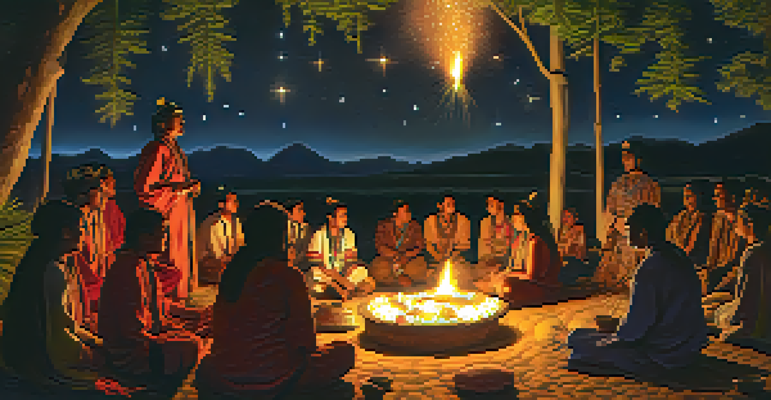 Indigenous participants in traditional attire gathered around a fire during a cultural ceremony involving hallucinogenic plants under a starry night sky.