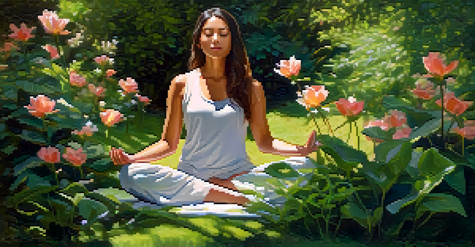 A person meditating in a vibrant garden, surrounded by flowers and greenery, with sunlight filtering through the leaves.