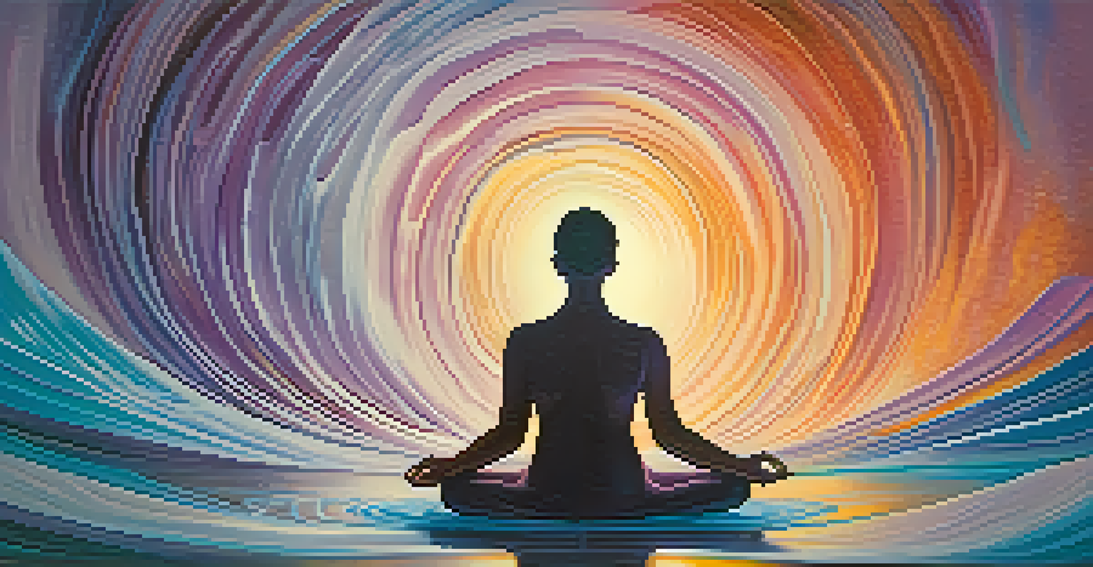 An abstract image of a person meditating surrounded by colorful swirls representing thoughts and emotions.