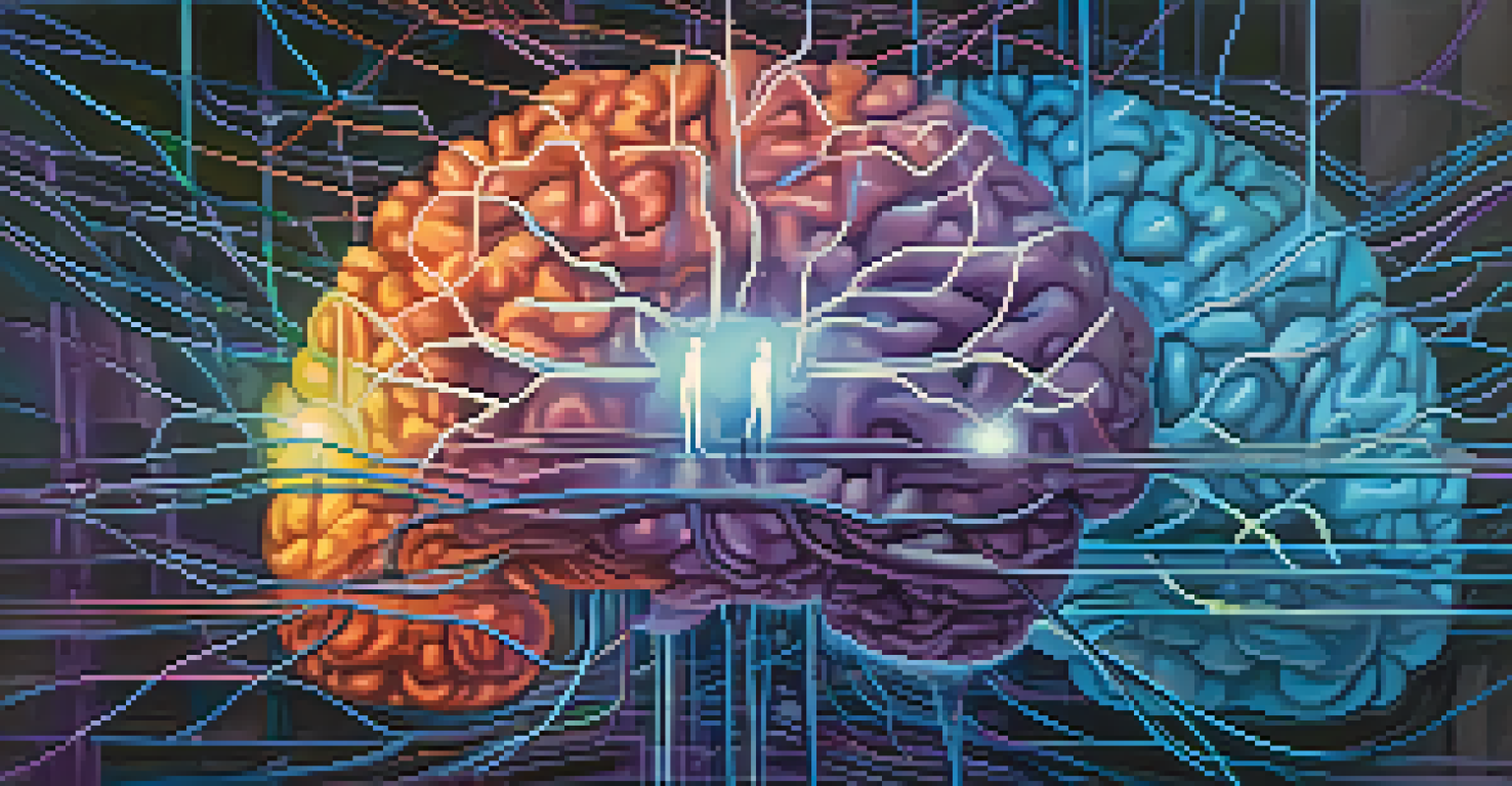 An abstract image of a glowing brain with colorful neural pathways, surrounded by silhouettes of people connecting emotionally.