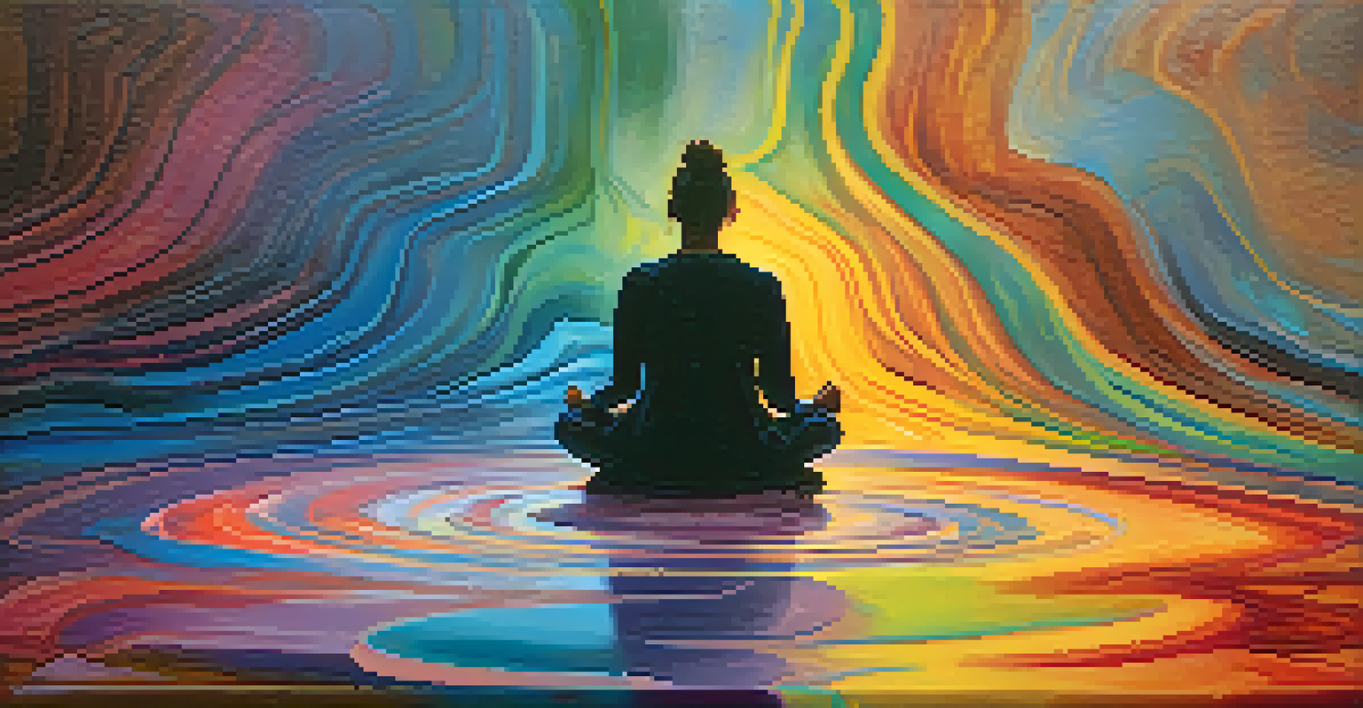 An abstract image depicting emotional processing with vibrant colors swirling around a silhouette of a person in meditation.