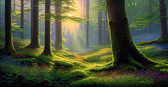 A peaceful forest at sunrise with golden light filtering through trees and a misty atmosphere.