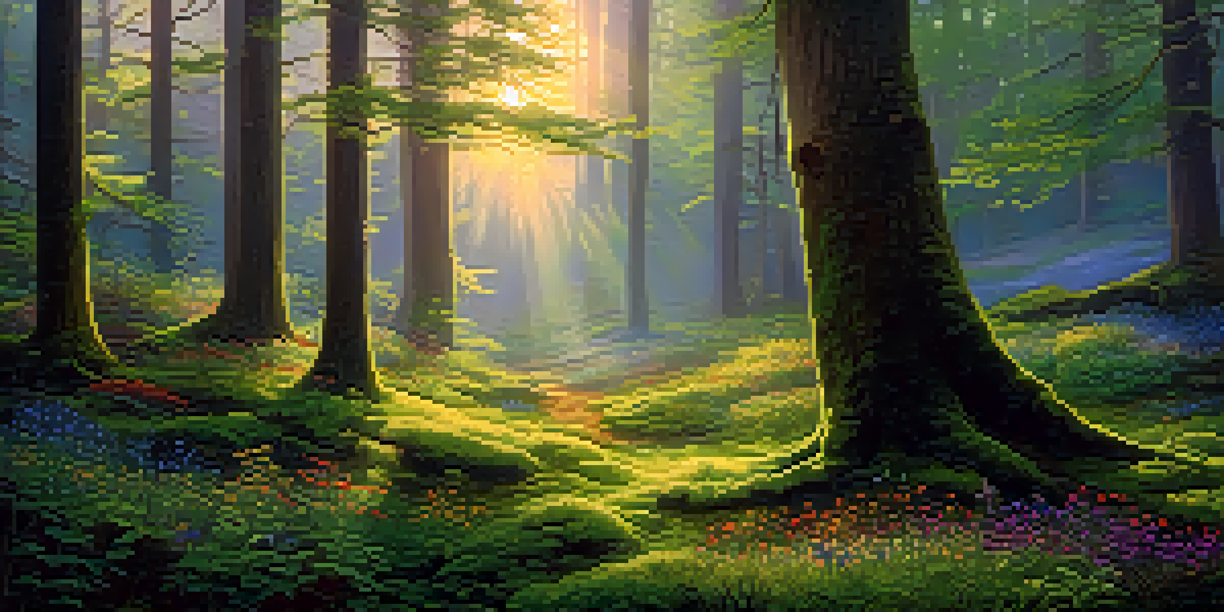 A peaceful forest at sunrise with golden light filtering through trees and a misty atmosphere.