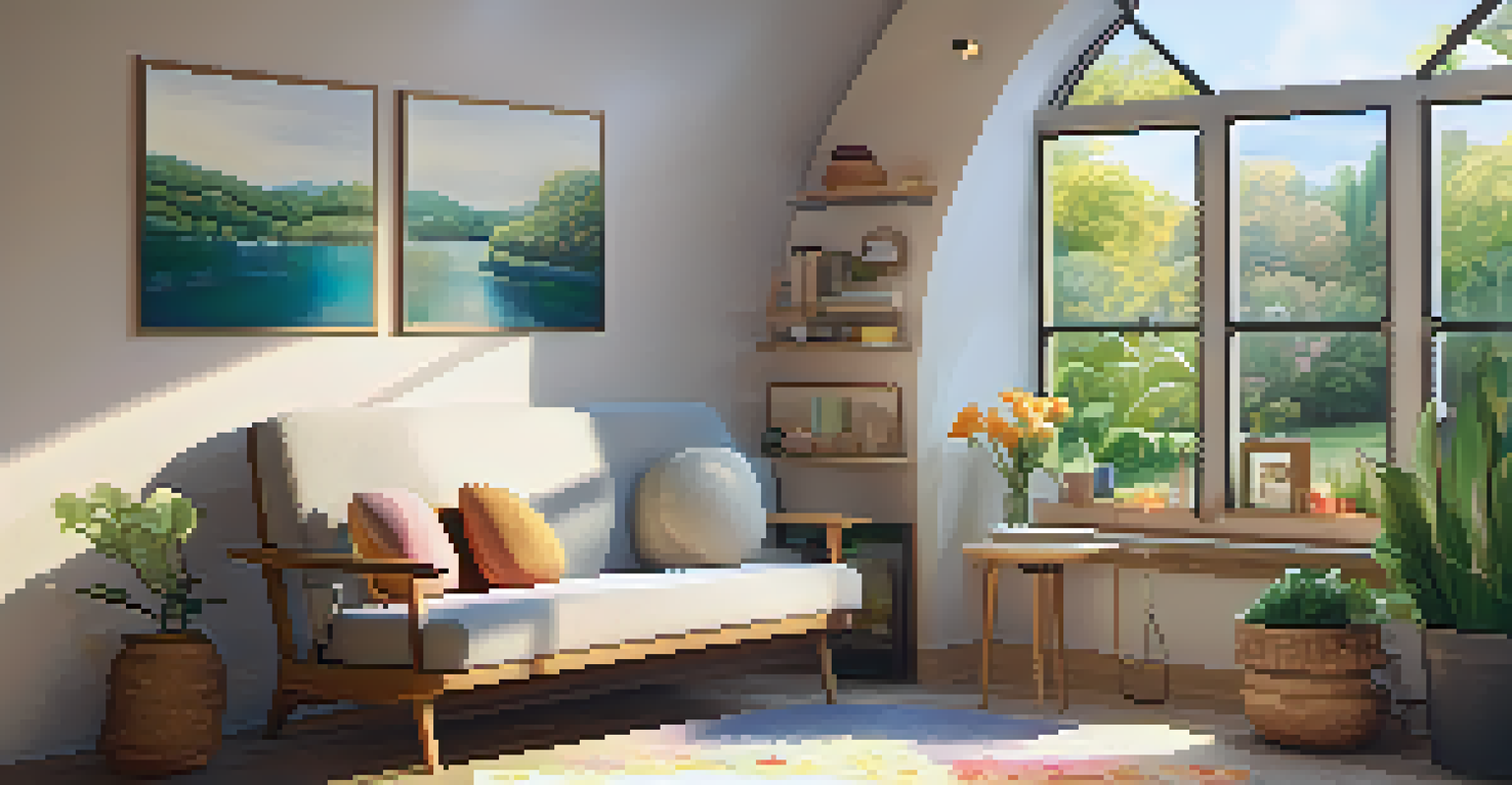 A warm and inviting therapy room for psychedelic therapy, with comfortable seating and a view of a peaceful garden.