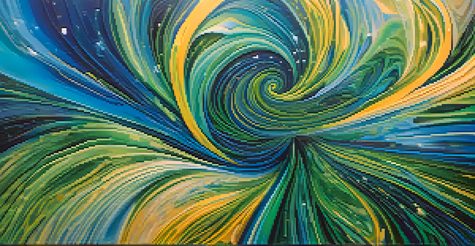 An abstract image symbolizing interconnectedness and mindfulness with swirling colors and glowing shapes.