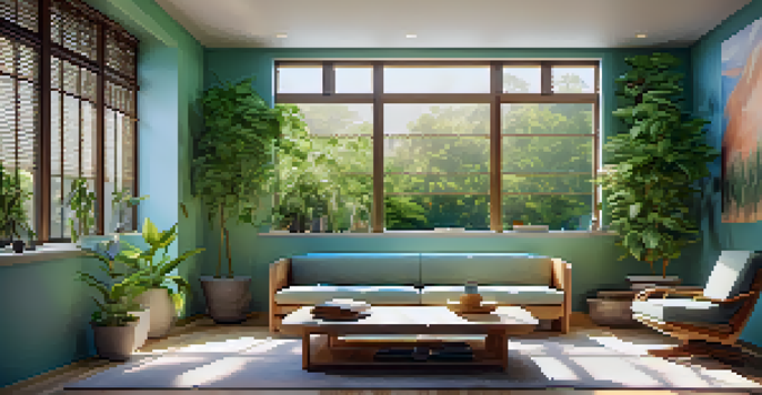 A peaceful therapy room with soft lighting, comfortable seating, and plants, designed for psychedelic therapy.