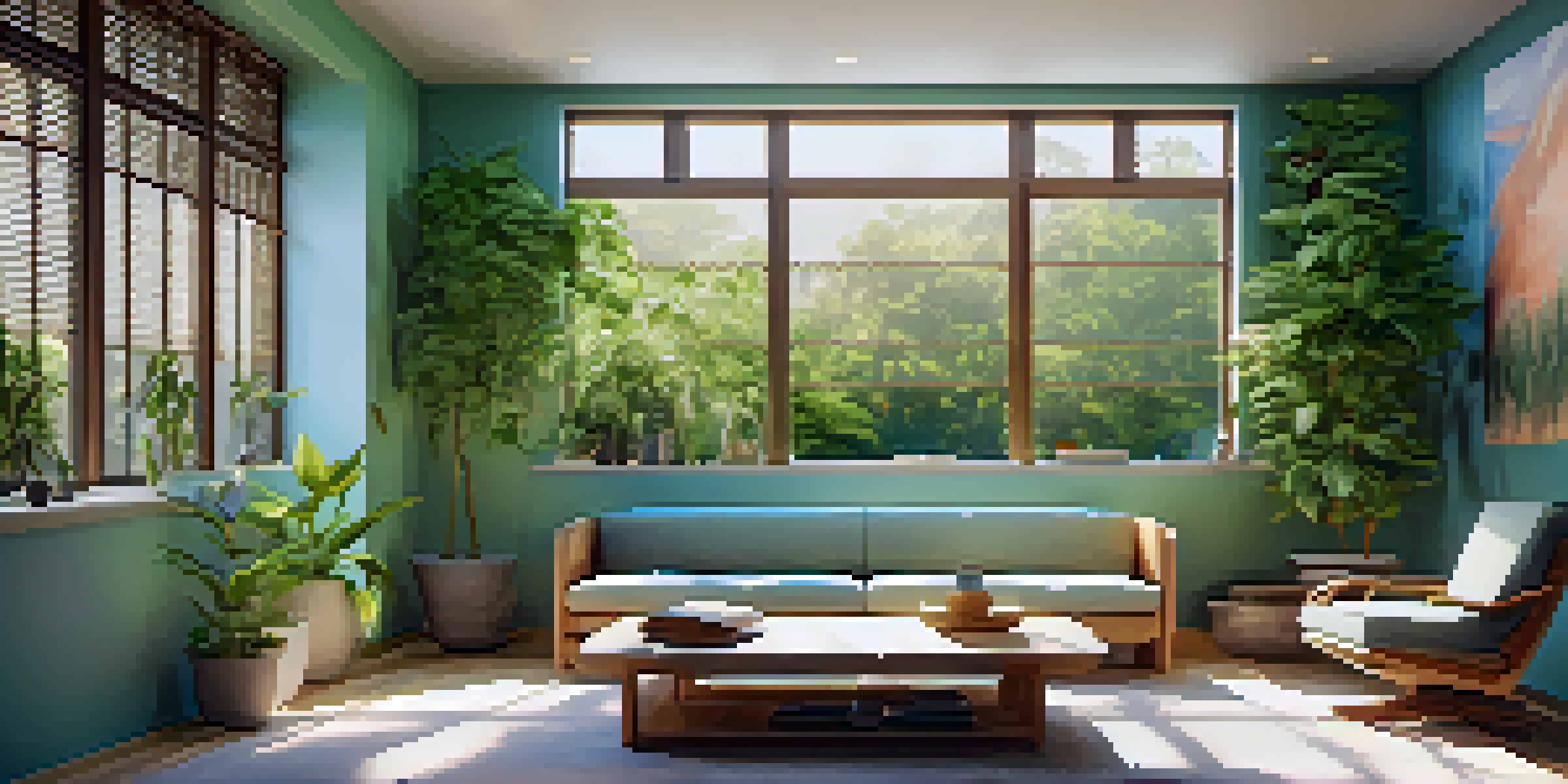 A peaceful therapy room with soft lighting, comfortable seating, and plants, designed for psychedelic therapy.