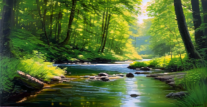 A peaceful forest scene with sunlight filtering through the trees and a stream flowing, creating a tranquil atmosphere.