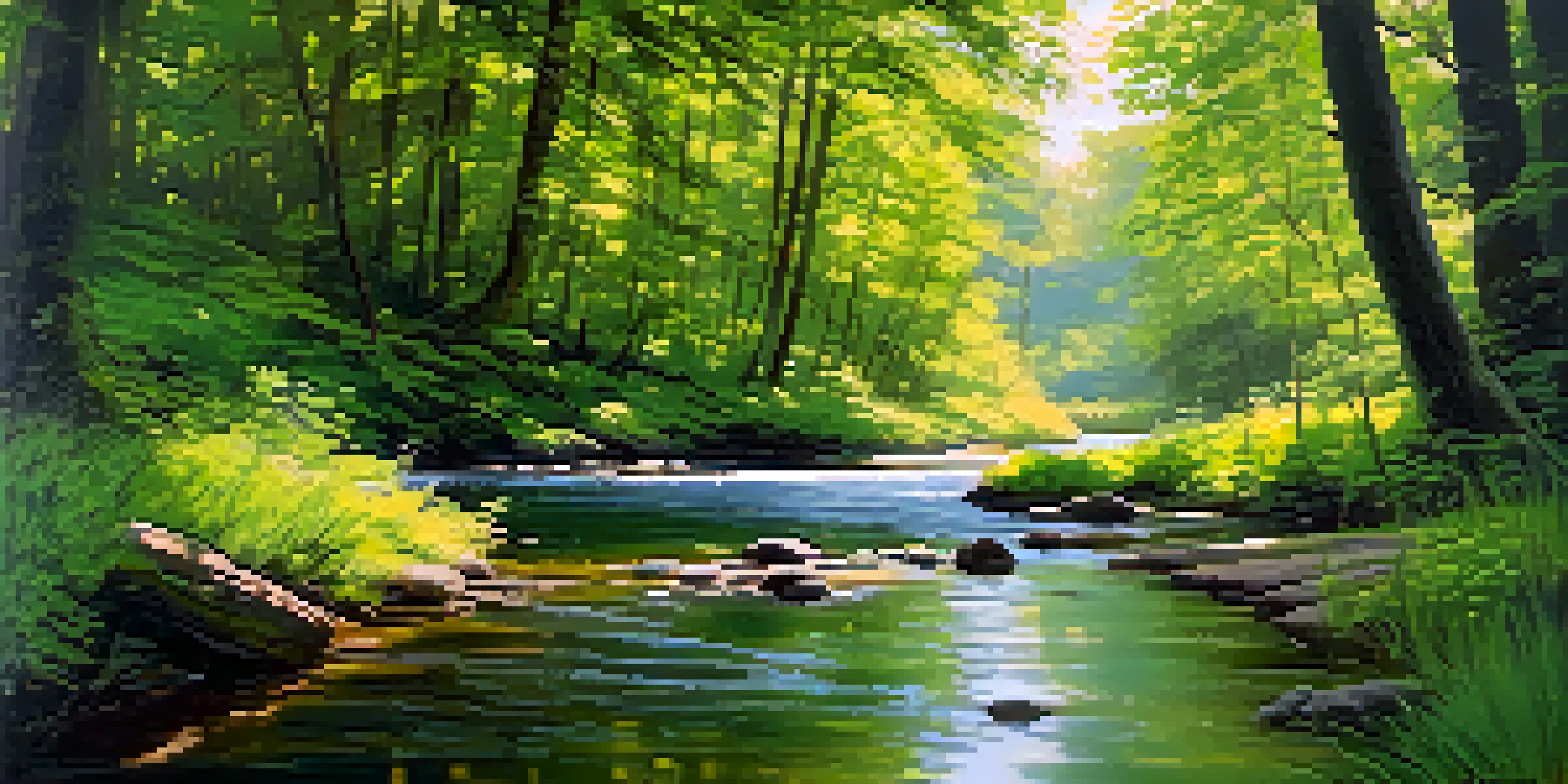 A peaceful forest scene with sunlight filtering through the trees and a stream flowing, creating a tranquil atmosphere.