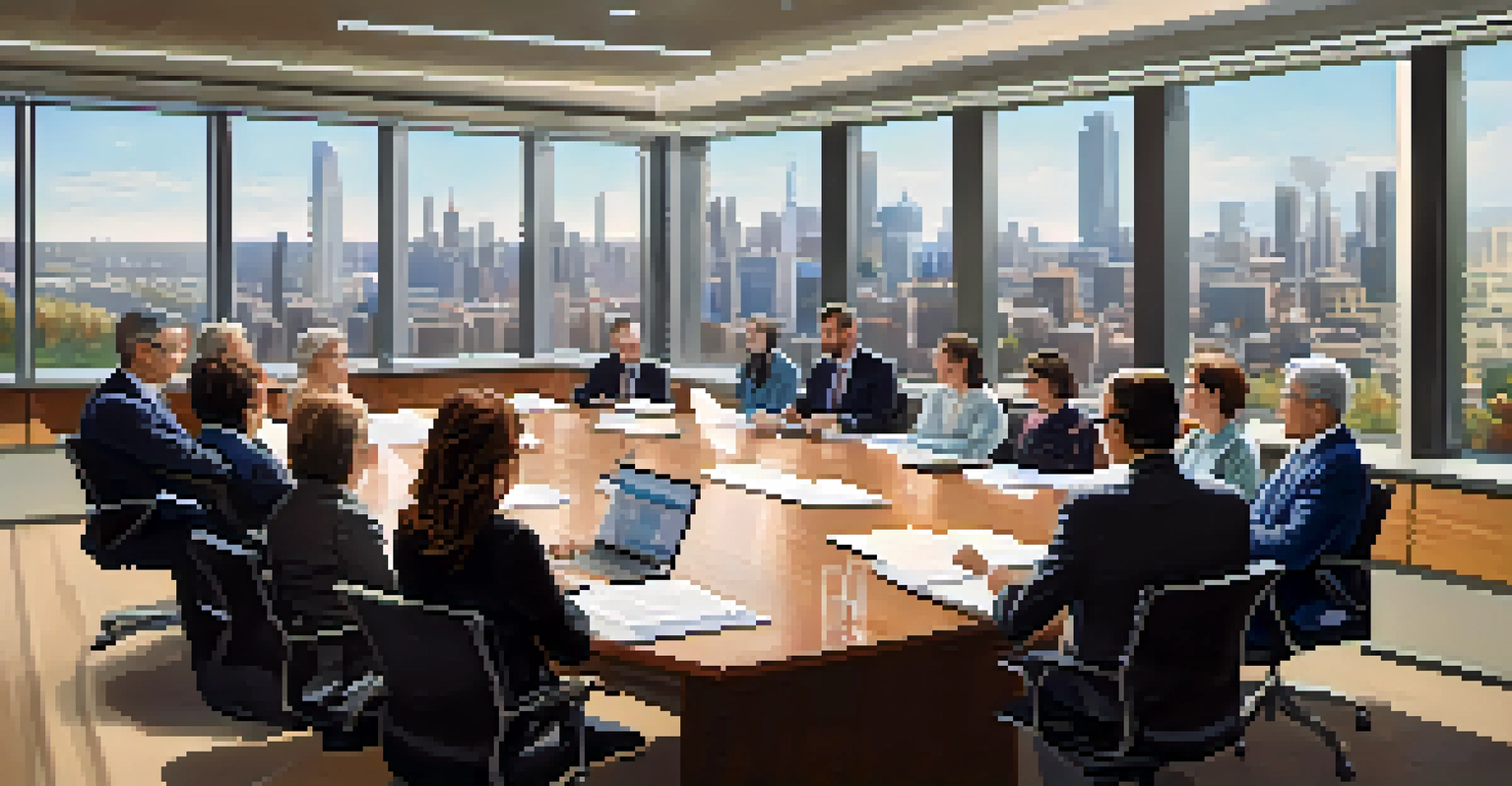 A diverse ethical committee meeting in a modern conference room, discussing research proposals.