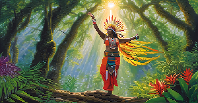 An indigenous healer performing a trance dance in a forest, surrounded by colorful nature and sunlight filtering through the trees.