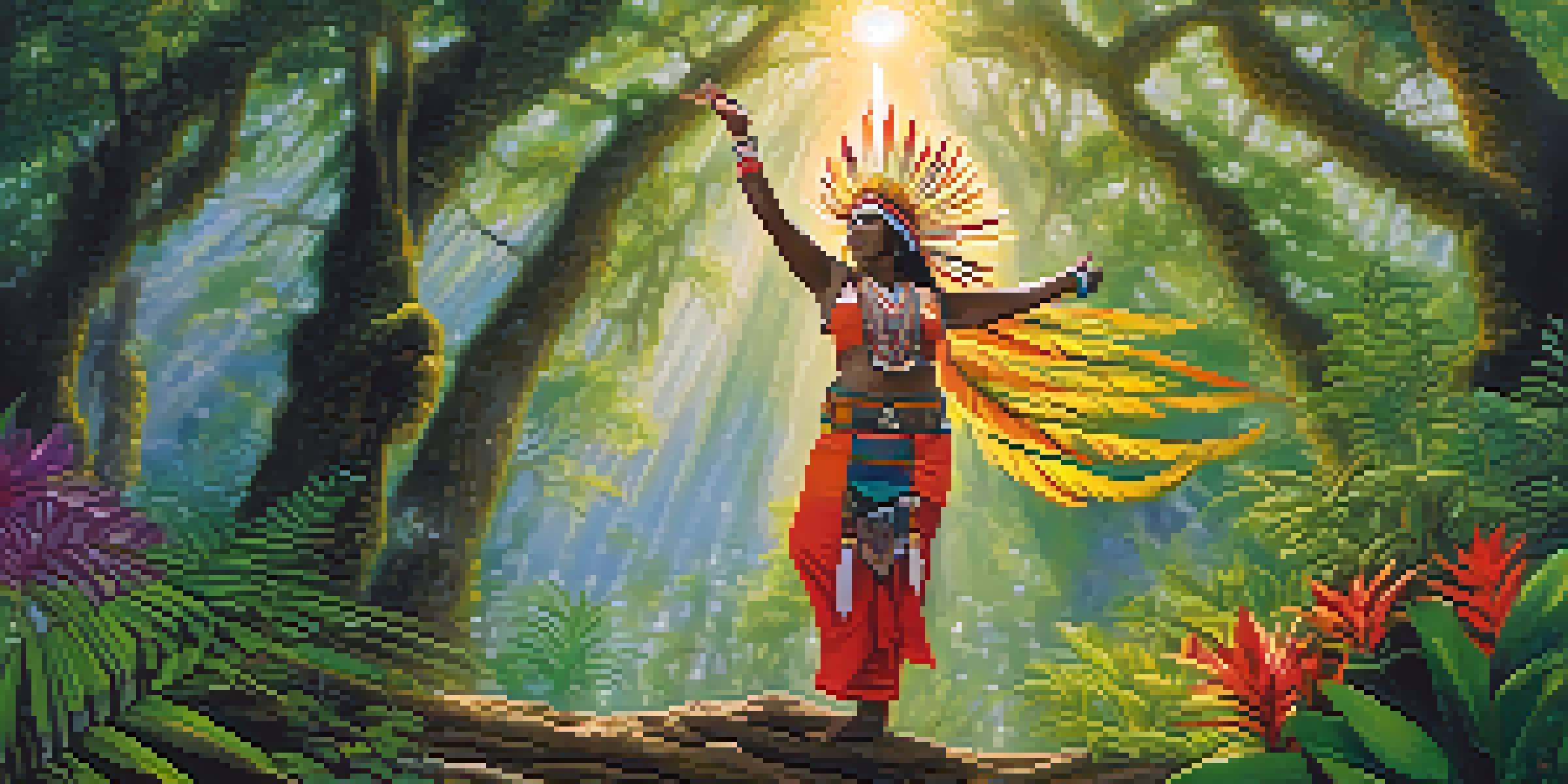 An indigenous healer performing a trance dance in a forest, surrounded by colorful nature and sunlight filtering through the trees.