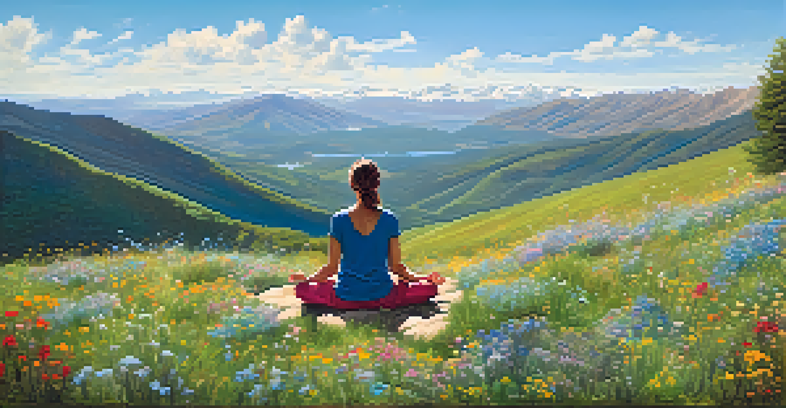 A person meditating on a rock in a mountain landscape filled with wildflowers and blue skies.