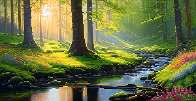 A peaceful forest at sunrise with mist, sunlight filtering through trees, and a small stream.