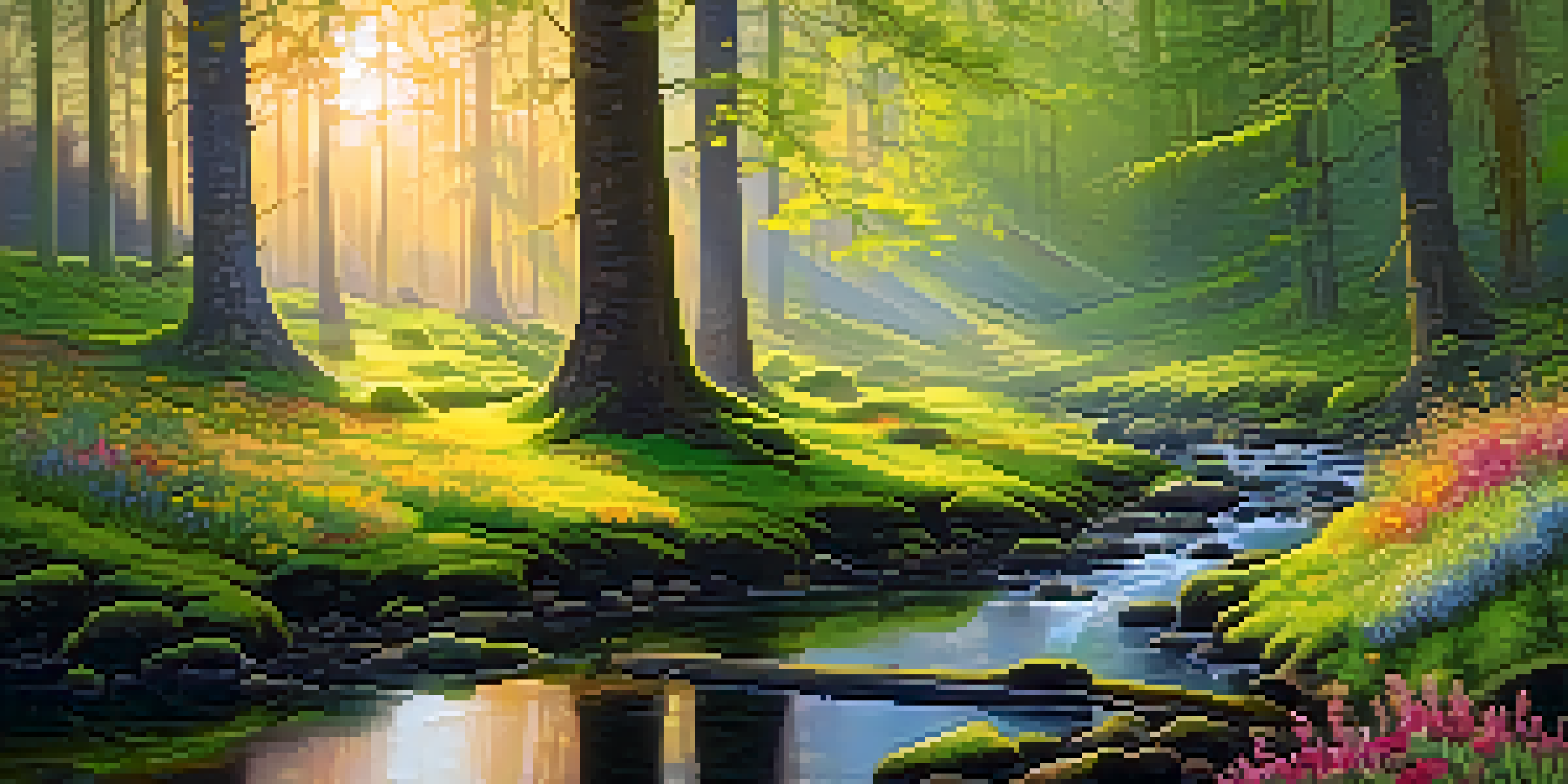 A peaceful forest at sunrise with mist, sunlight filtering through trees, and a small stream.